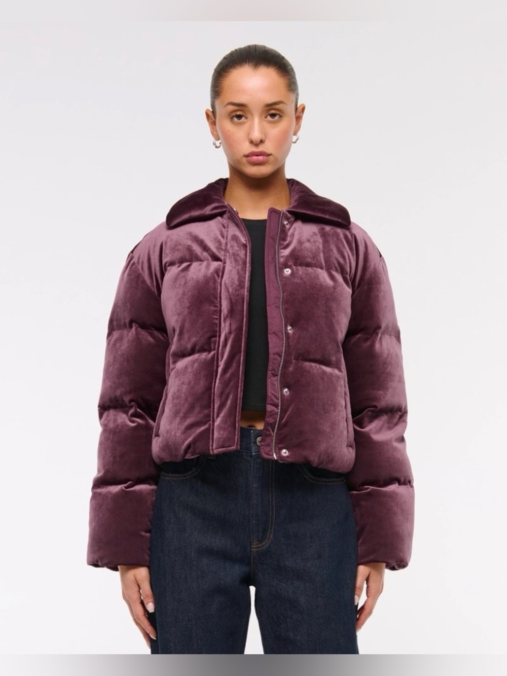 Abercrombie & Fitch Velvet Puffer Jacket in Red Wine - Women's Cropped Coat